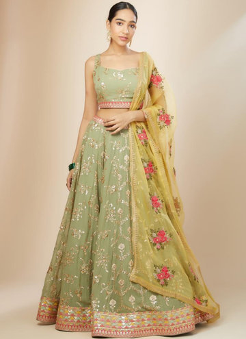 Prettiest Sequence Embroidered Pista Green Georgette Lehenga Choli